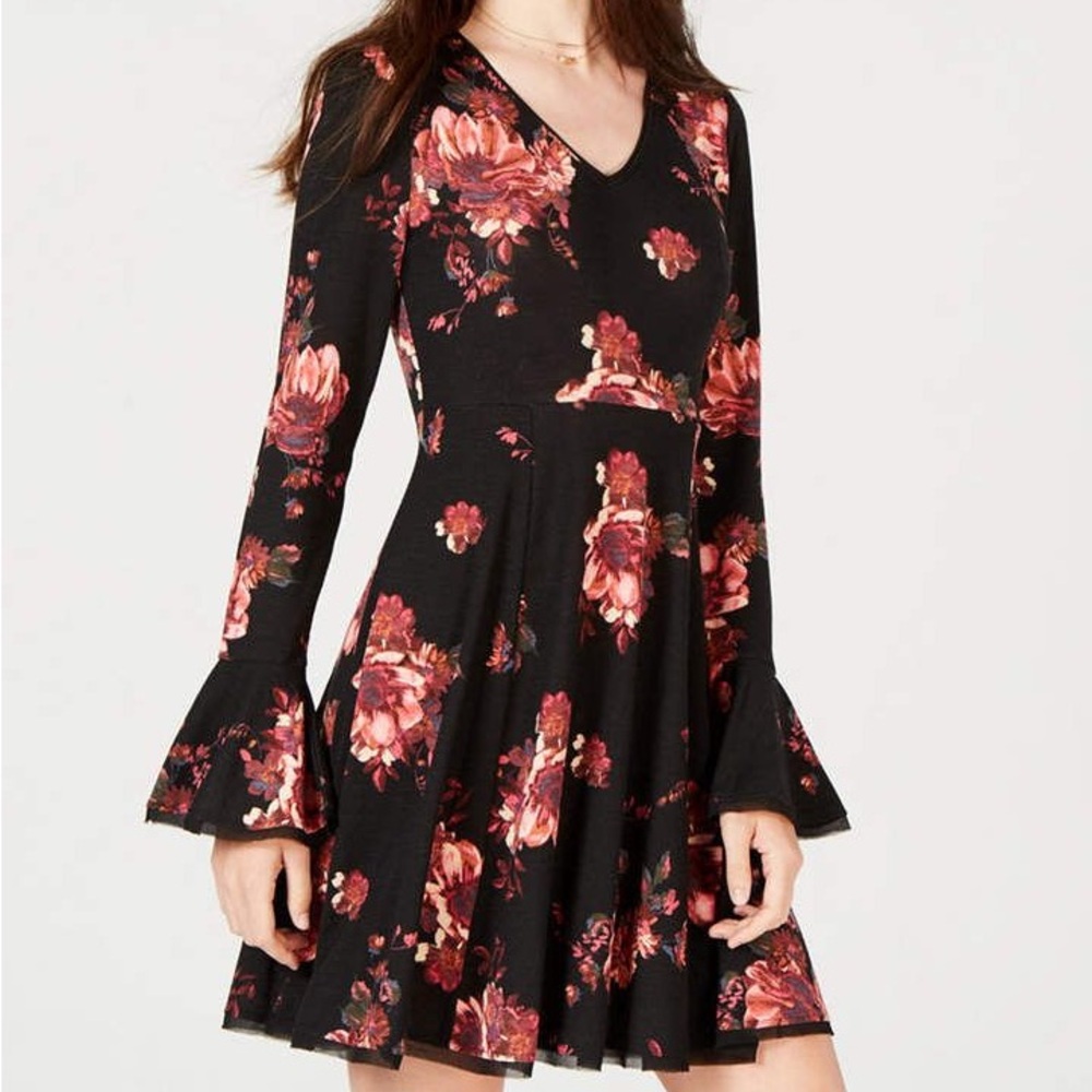 American Rags Long Flare Sleeve Floral V-Neck Dress